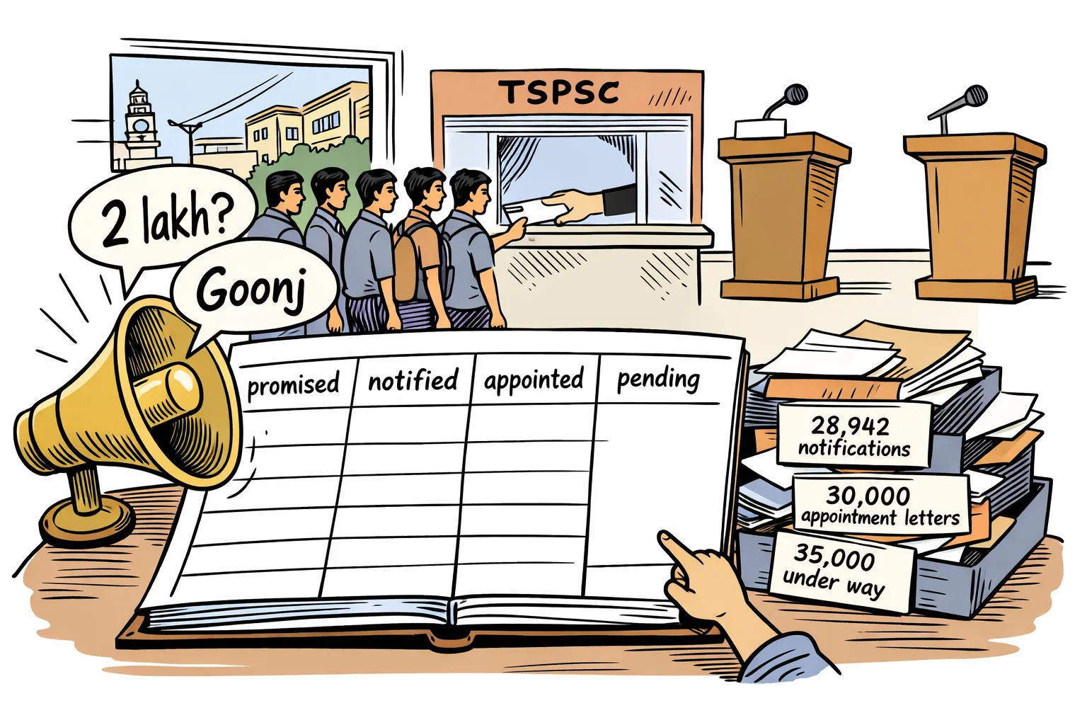 A giant recruitment spreadsheet in a Telangana government office shows columns for promised, notified, appointed and pending, with the final total blank. Files and a loudspeaker surround a queue of young applicants at a TSPSC counter.