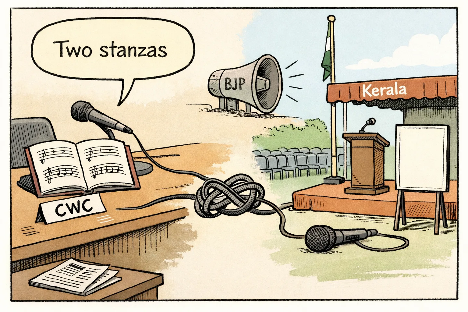 A split editorial cartoon shows a Delhi conference microphone beside a songbook marked with two stanzas, while a Kerala school function stage has a silent microphone and blank programme; a large BJP-labelled loudspeaker faces the tangled cable between them.