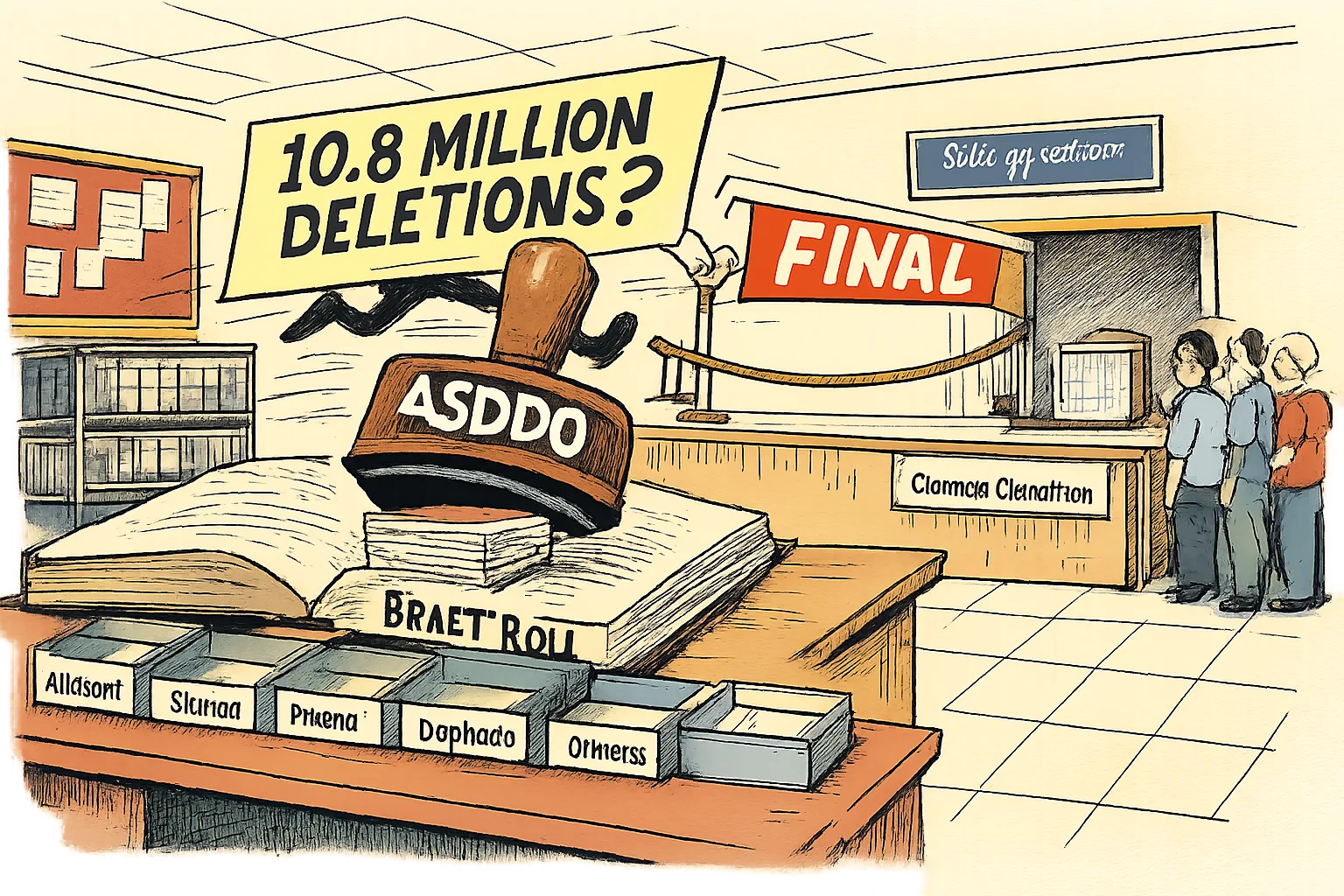 A giant ASDDO stamp marks folders on an open draft electoral roll beside an objections counter and a notice showing that the final roll is still pending.