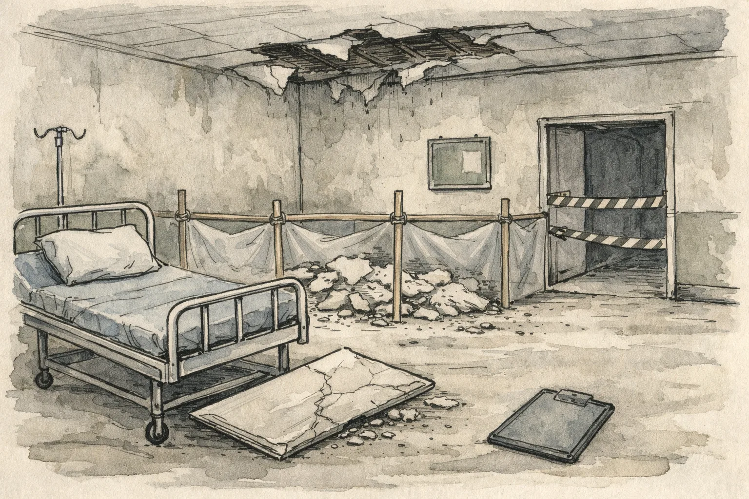 A damaged hospital ward in Warangal with a fallen ceiling section, debris behind a temporary barrier, and an empty bed beside an unreadable clipboard.