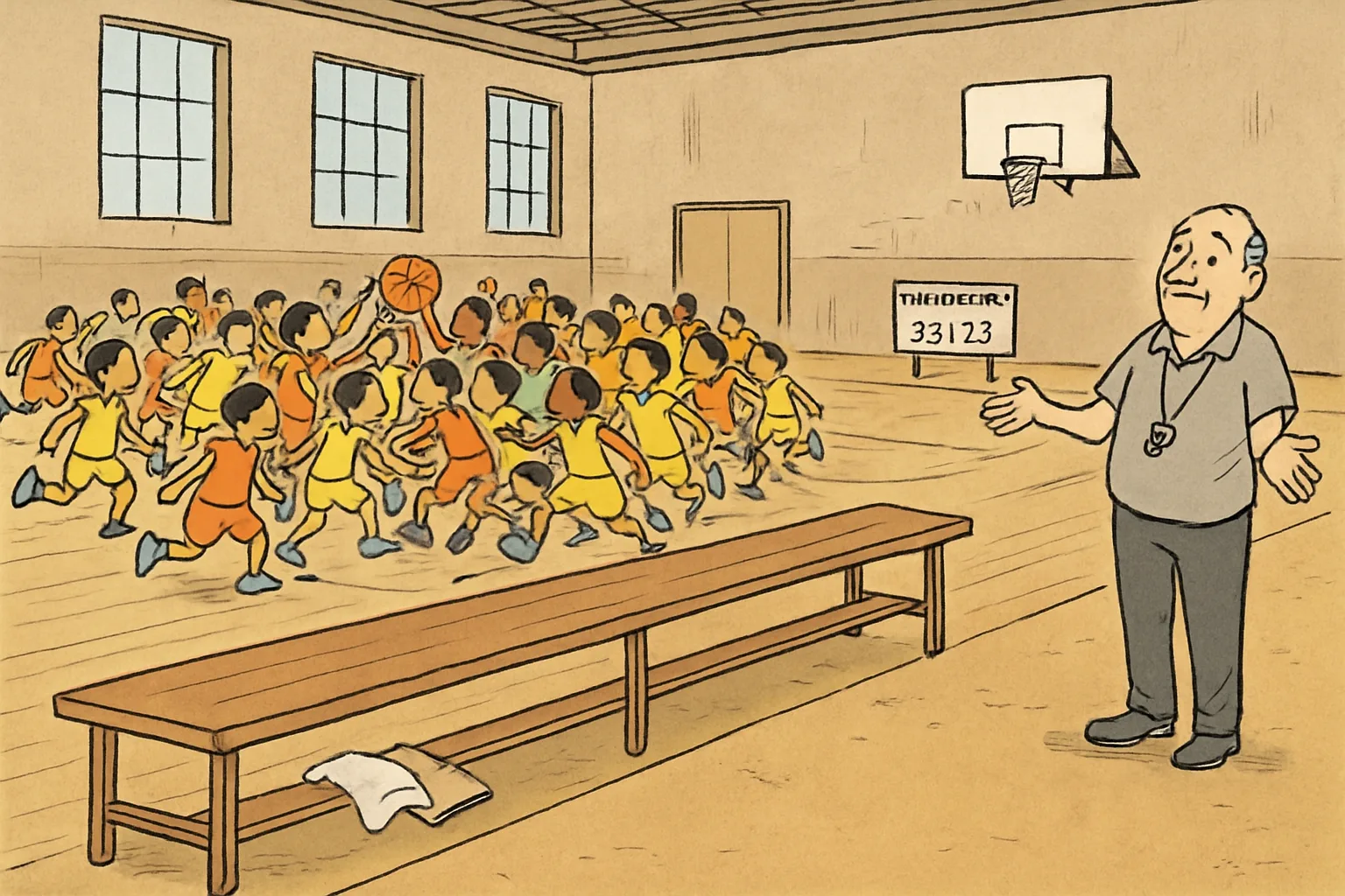 An editorial cartoon of an indoor basketball hall: an empty substitutes' bench with a clipboard in front, and behind it a crowd of small faceless youth players in two jersey colours all on court at once while a coach on the sideline shrugs.