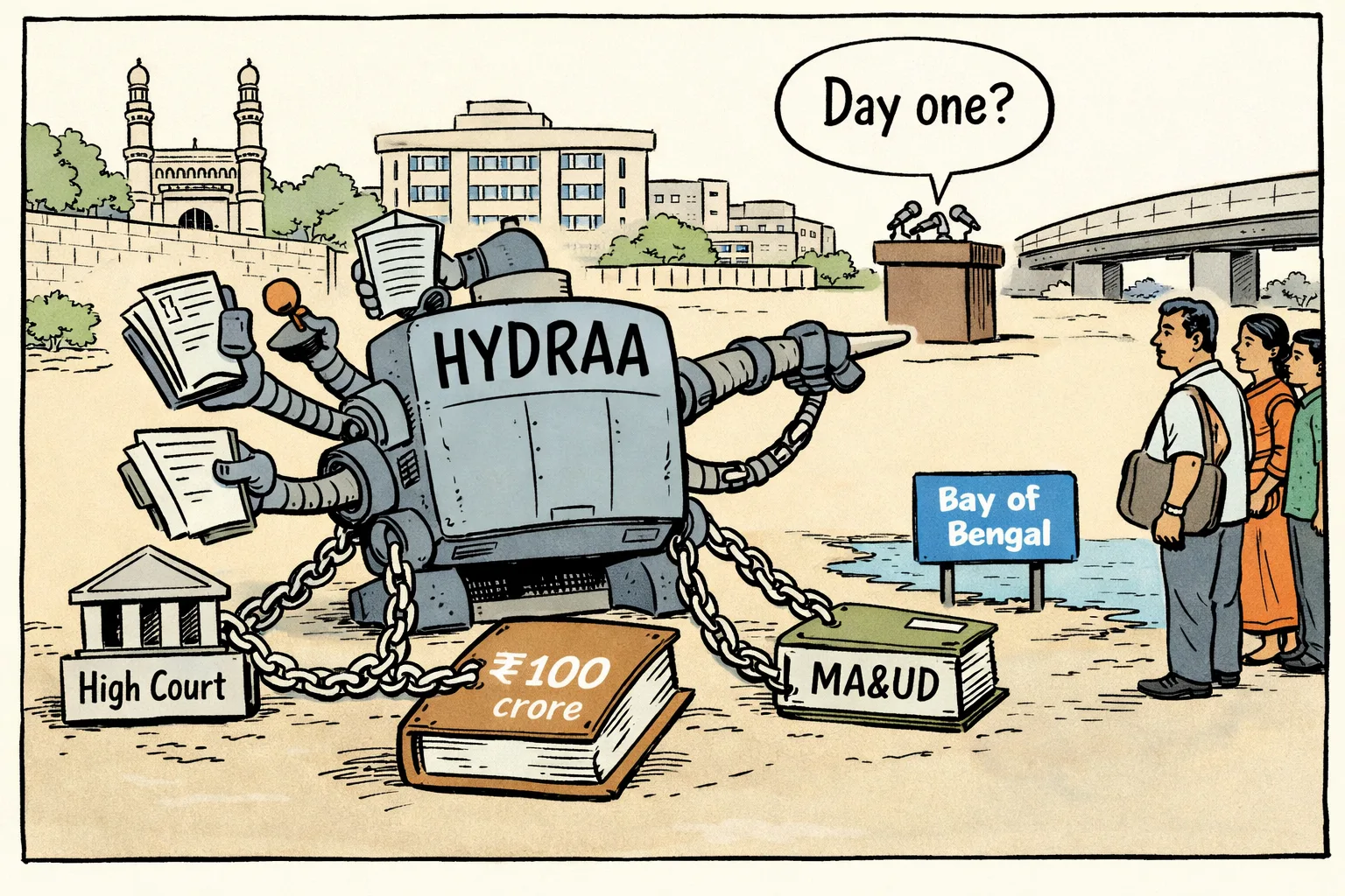 A cartoon HYDRAA machine with several document-labelled arms is restrained by a High Court leash while a large state budget file feeds it money; beyond it, a politician’s speech bubble points dramatically toward the Bay of Bengal.