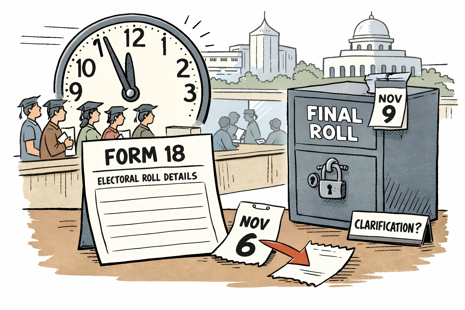 An oversized clock and a locked filing cabinet marked ‘FINAL ROLL’ stand over a Form-18 application, while anonymous graduates wait at an office counter in Hyderabad.