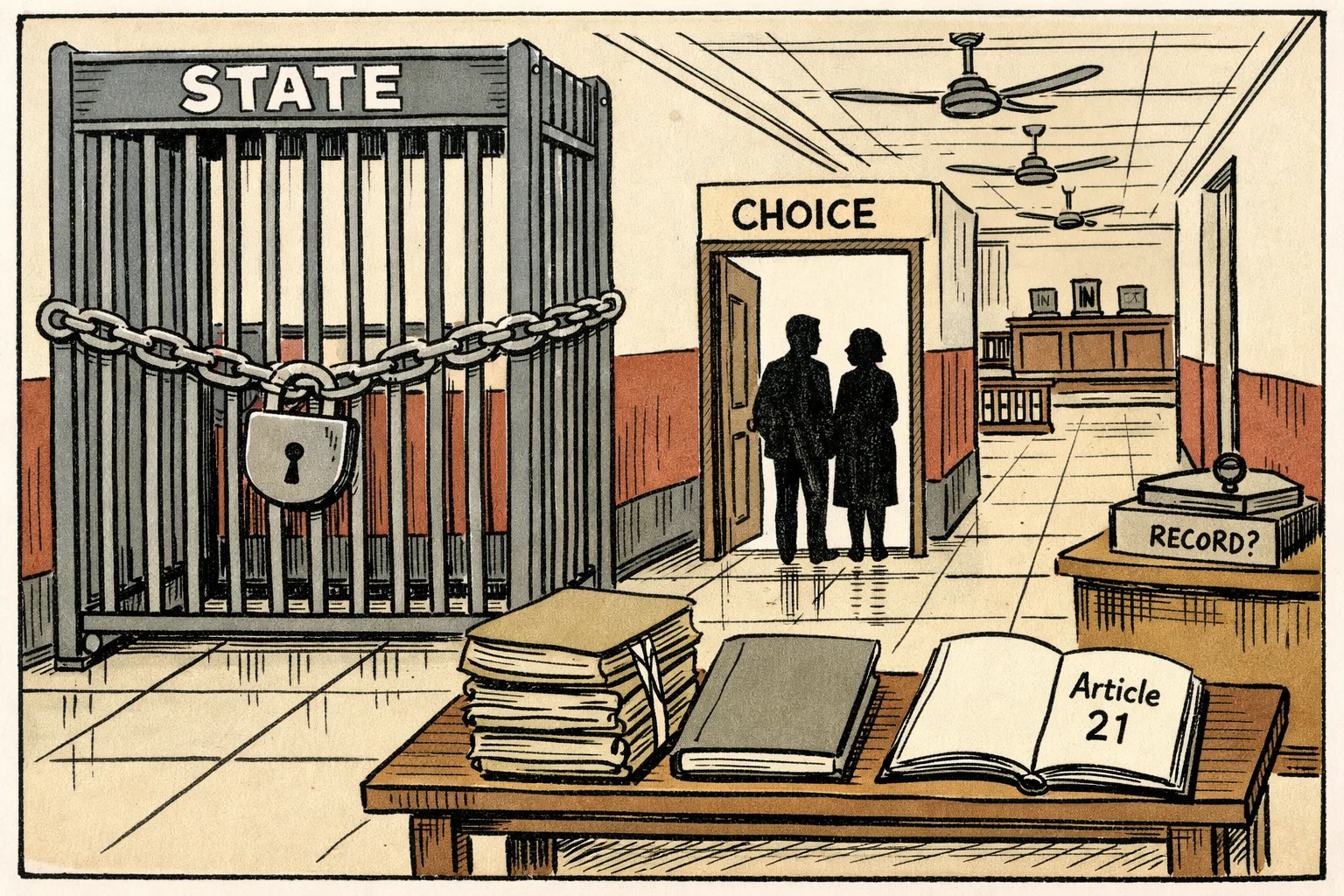 A Telangana-style court corridor with a large locked government gate marked ‘State’, while two adult silhouettes stand beside an open doorway labelled ‘choice’; a judge’s empty bench and scattered case files sit in the background.