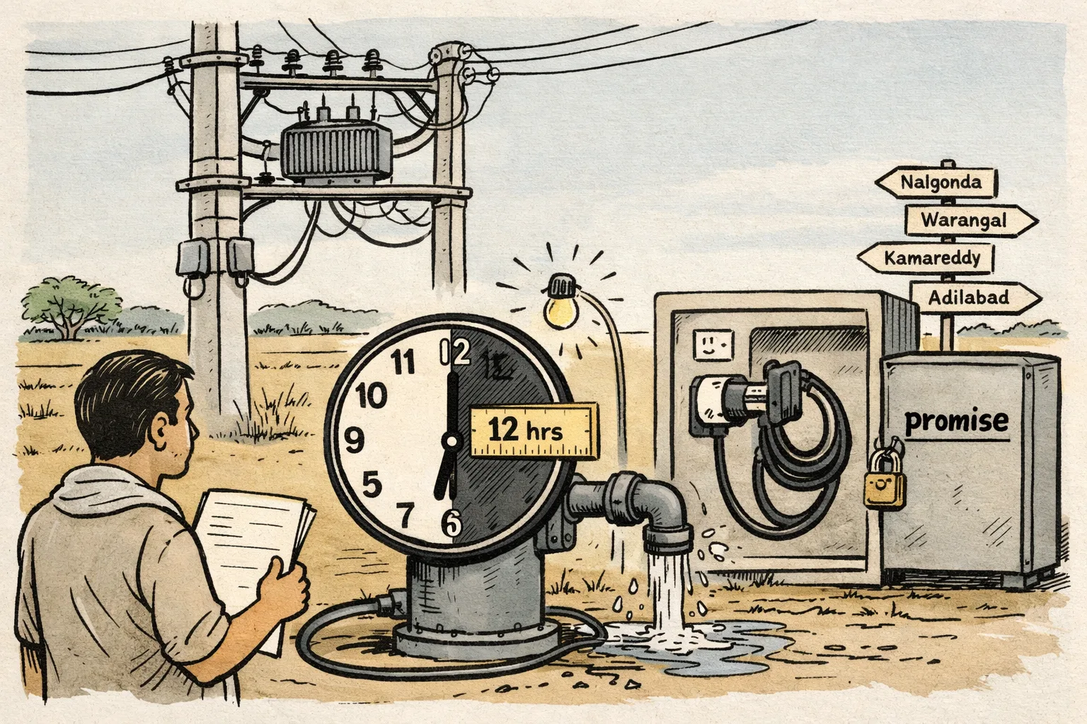 A Telangana farm pump beside an electrical substation faces a 24-hour clock with only half its face lit, while a control panel offers a cable marked 12 hours and a bulb flickers overhead.