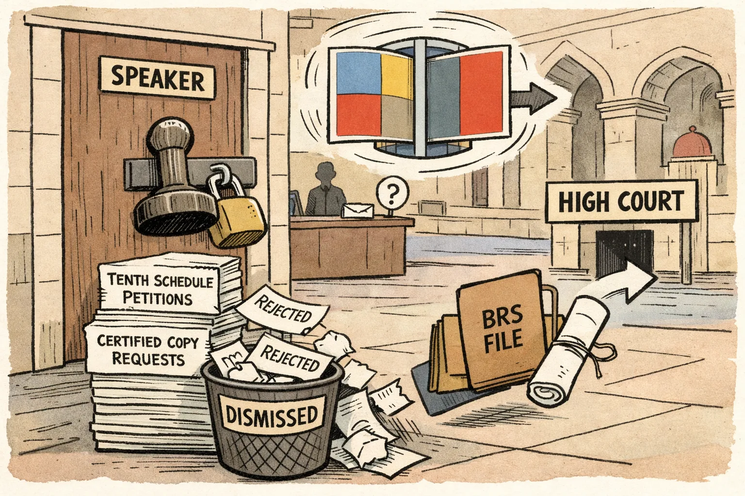 A large locked Speaker’s door rejects a pile of disqualification papers while legal files move toward a High Court entrance and a ballot paper passes through a revolving door between two plain colour panels.