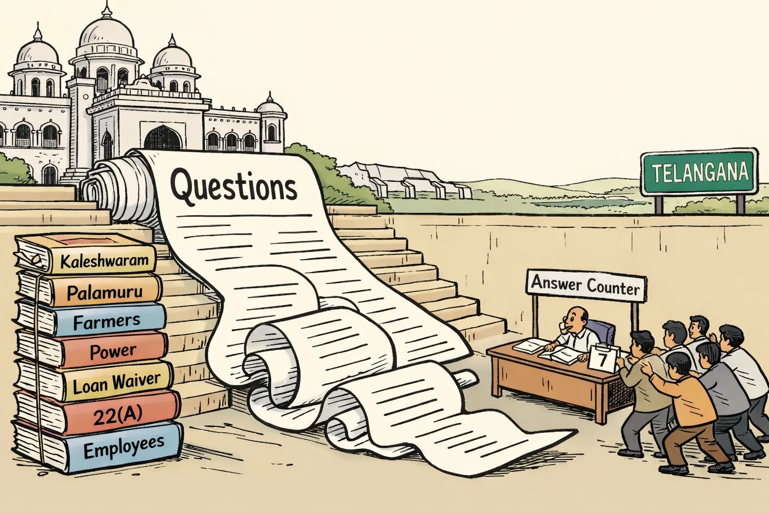 A giant roll of questions about irrigation, farmers and other public issues winds up the steps of the Telangana Assembly towards a small, nearly empty government answer desk.