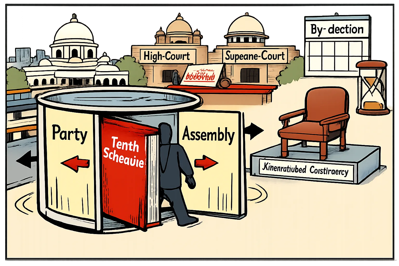 A jammed revolving door marked Party and Assembly is stopped by a rulebook labelled Tenth Schedule, beside an empty legislative seat and a blank by-election calendar, with courthouse and Assembly buildings in the background.