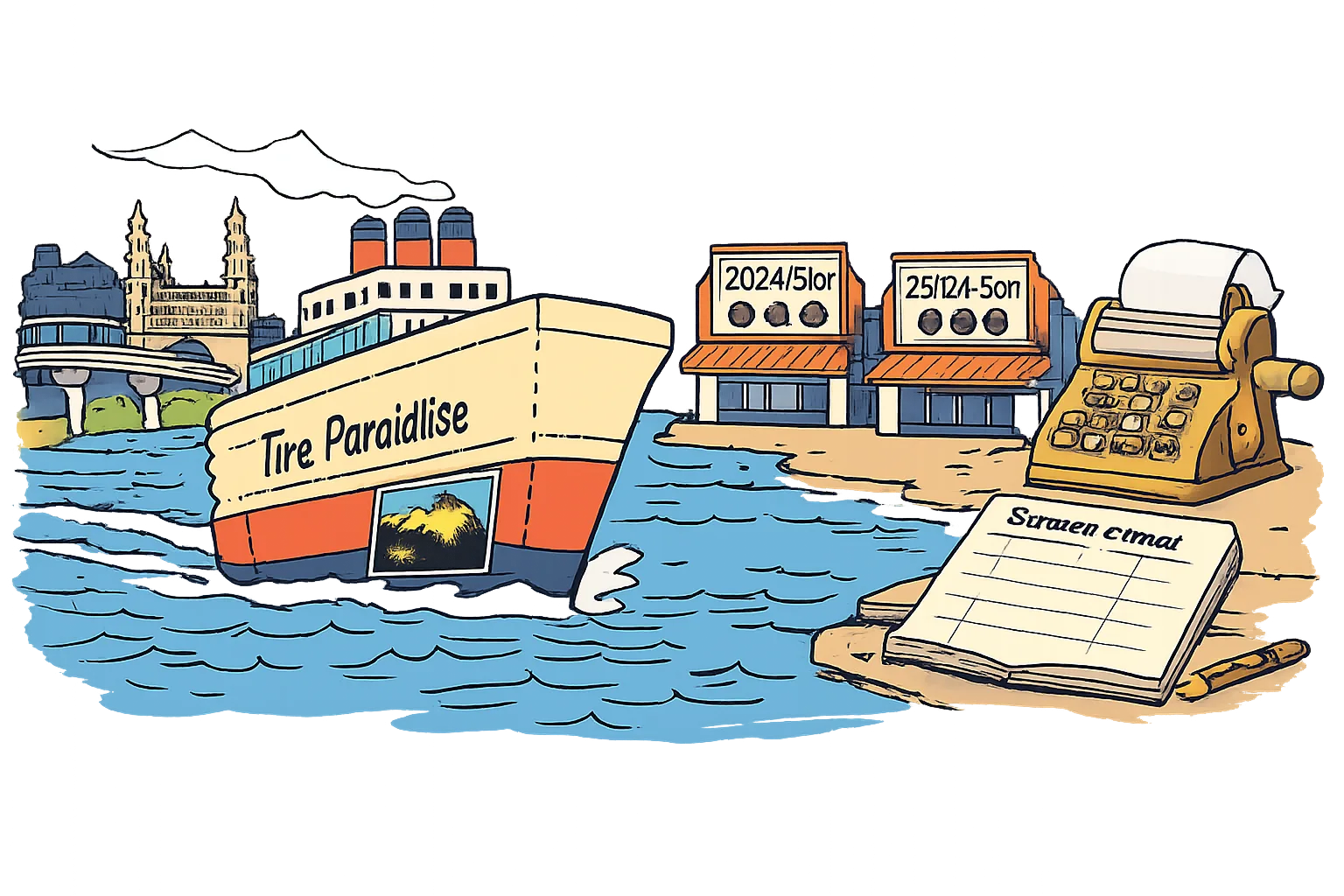 A large film ship labelled The Paradise sails from a Hyderabad skyline toward two small cinemas marked US and UK, while a blank screen-count ledger and adding machine wait beside date cards.