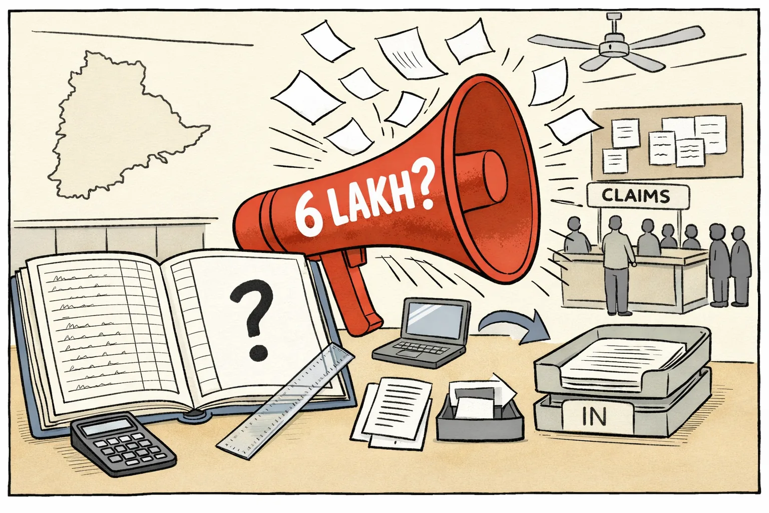 A large election-roll ledger sits on a desk beside an oversized calculator and stacks of enumeration forms, while a hand points from a pile marked with a question mark toward a claims-and-objections counter in a Telangana government office.