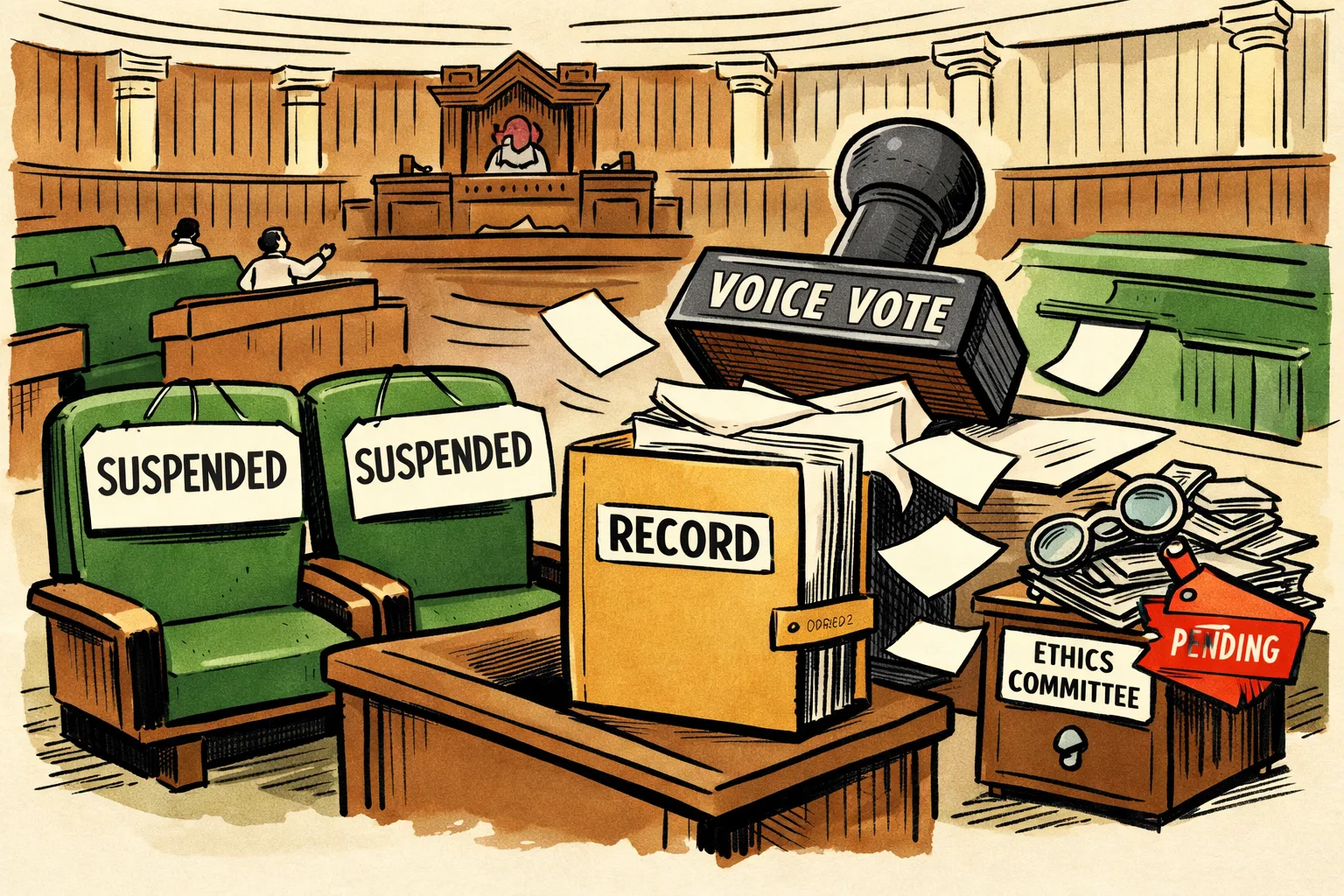 Inside a Telangana Legislative Council chamber, two empty seats carry suspension notices while an official file marked record sits empty beside a voice-vote stamp and a pending ethics file.