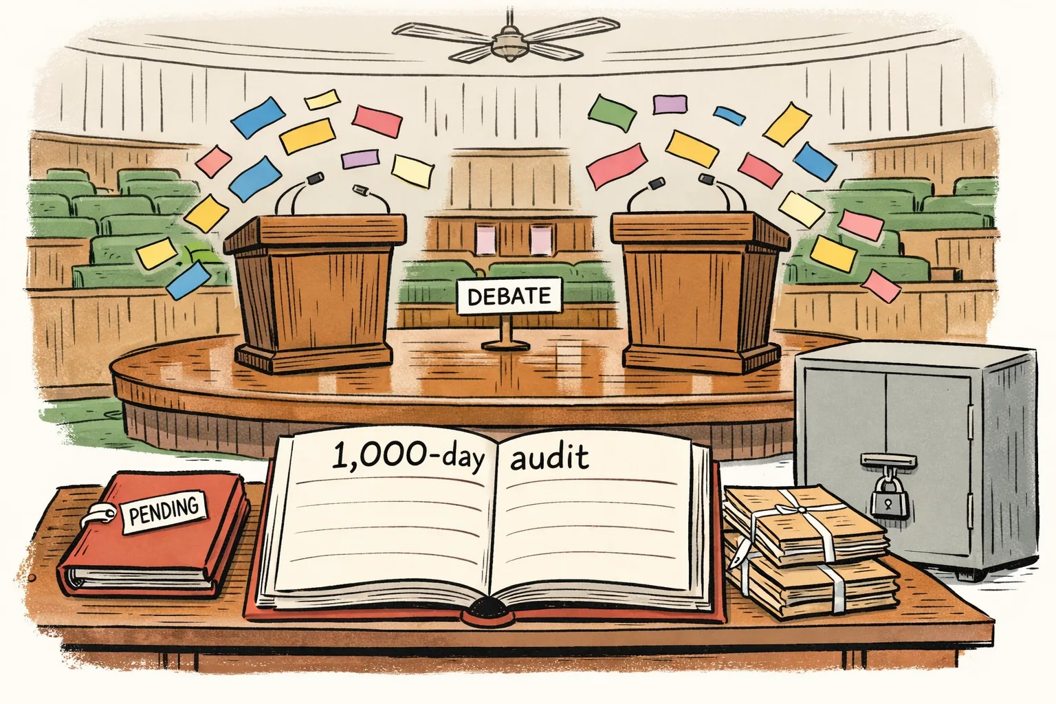 An empty debate stage in a Telangana Assembly-style hall faces a locked records cupboard and a blank open ledger marked as a 1,000-day audit.