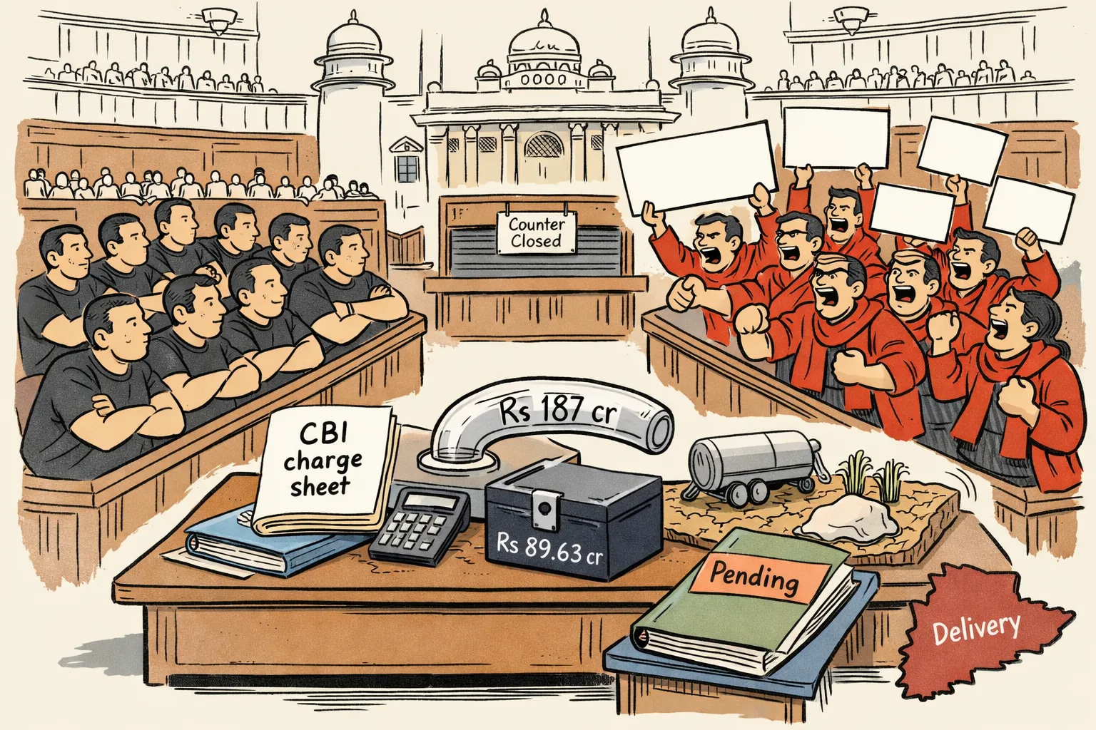 Inside an assembly chamber, anonymous legislators in black shirts and red theatrical clothing gesture at one another while a CBI file, a pending drought-relief file and a cracked dry landscape sit unattended between them.