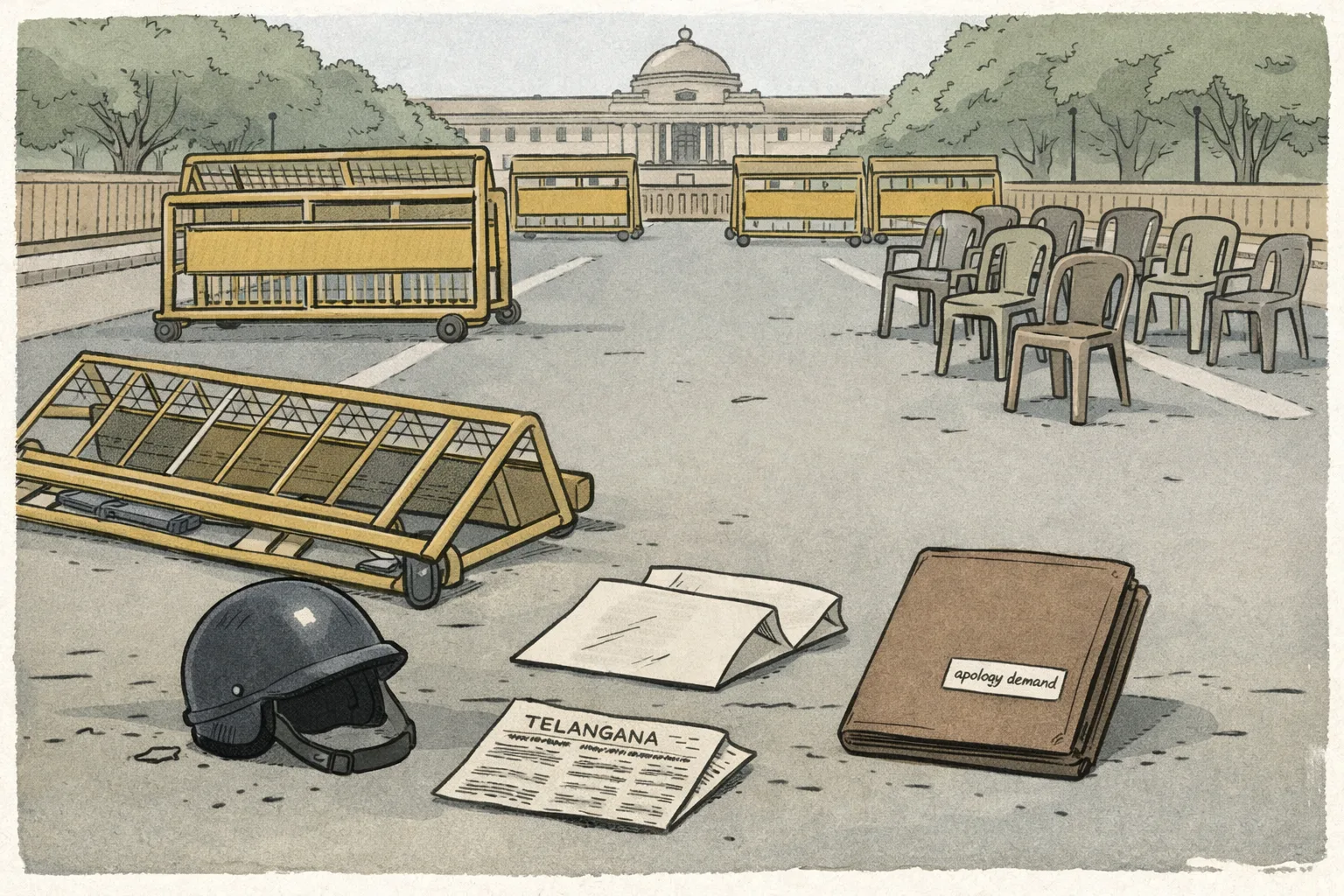 A quiet Delhi protest barricade stands beside a student placard and an empty police helmet, with a Telangana Bhavan press folder in the foreground and speech bubbles reduced to indistinct marks in the background.