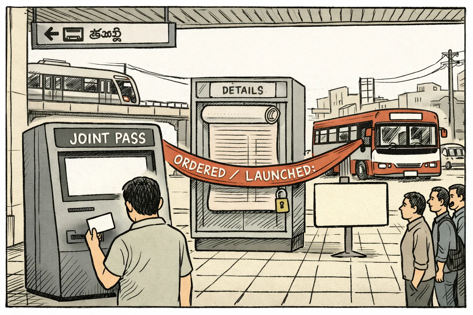 At a Hyderabad Metro station, a commuter holds a blank travel card beside a ticket machine with no price, while a locked cabinet hides a fare table and a Metro train and city bus sit behind a ribbon marked ordered and launched.