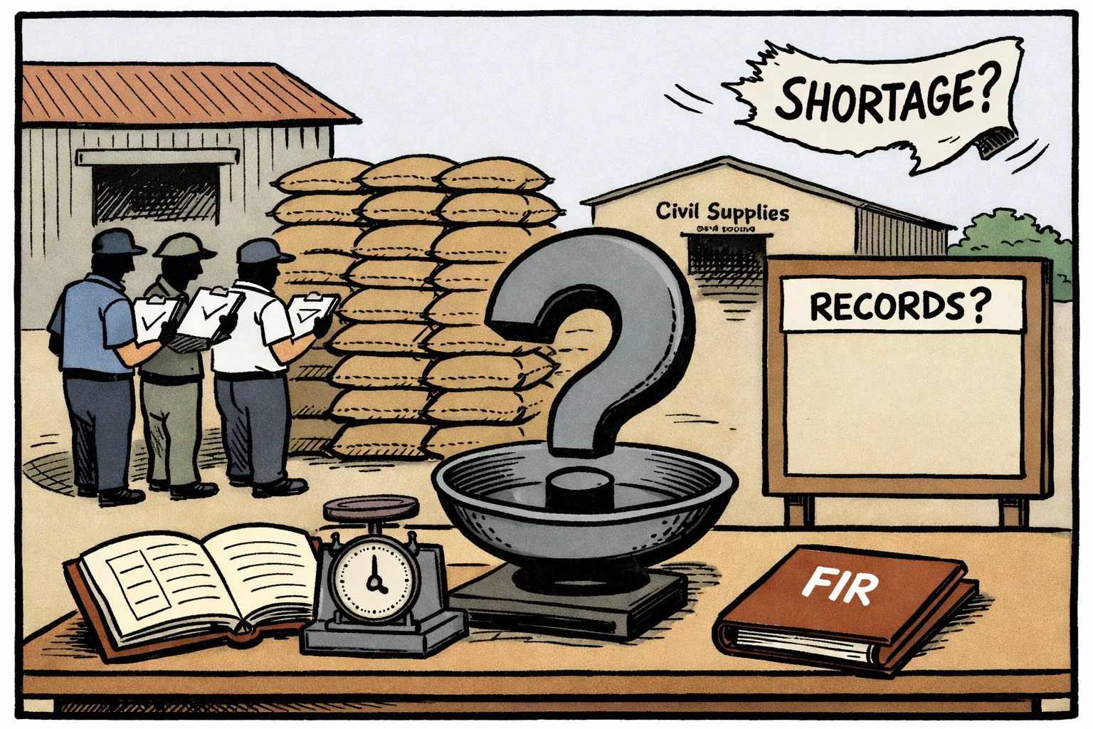 Anonymous officials check rice sacks beside an open ledger at a Kesamudram mill, while an empty question-mark scale and an unopened FIR file sit nearby.