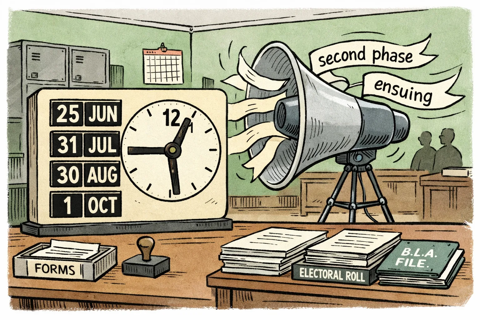 A Telangana election-office desk holds a large official calendar with voter-roll revision dates, while a smaller party megaphone points to a vague page marked ‘second phase’; forms and booth-agent folders sit nearby.
