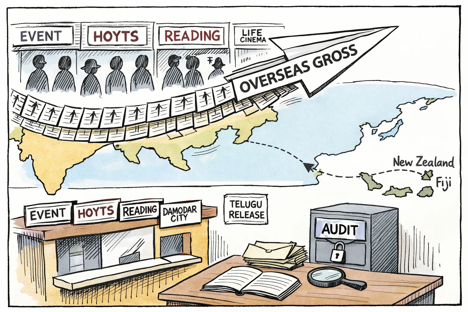 A paper aeroplane labelled overseas gross flies from India toward New Zealand and Fiji above cinema counters, while an unopened audit cabinet and empty ledger sit below.
