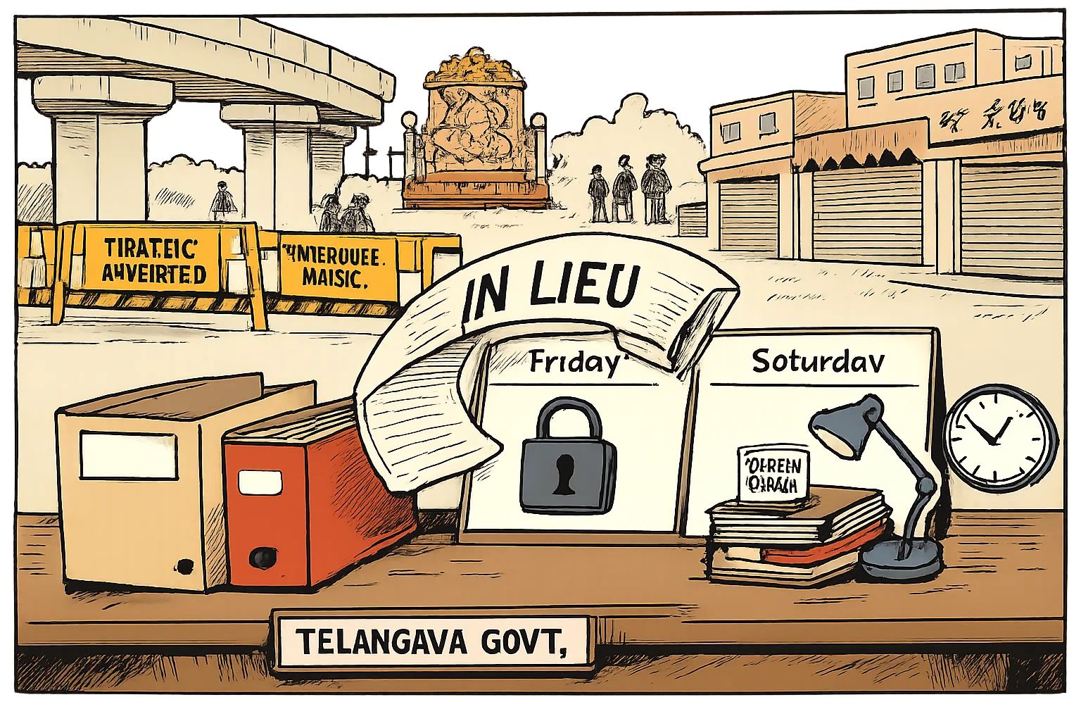 An editorial cartoon shows a huge Friday calendar square locked shut, with a bureaucratic bill being routed to a later Saturday square marked for office work; a Hyderabad street and government buildings are closed in the background for an immersion procession.