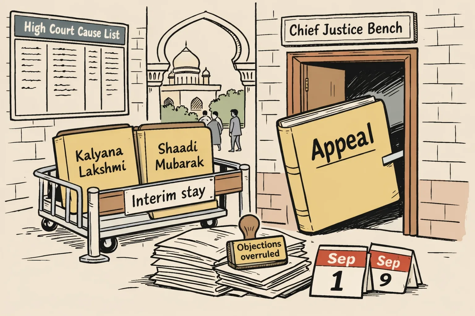 A large appeal file enters a Telangana High Court-style courtroom while two scheme folders wait behind a temporary barrier marked interim stay, beside registry papers and September calendar pages.