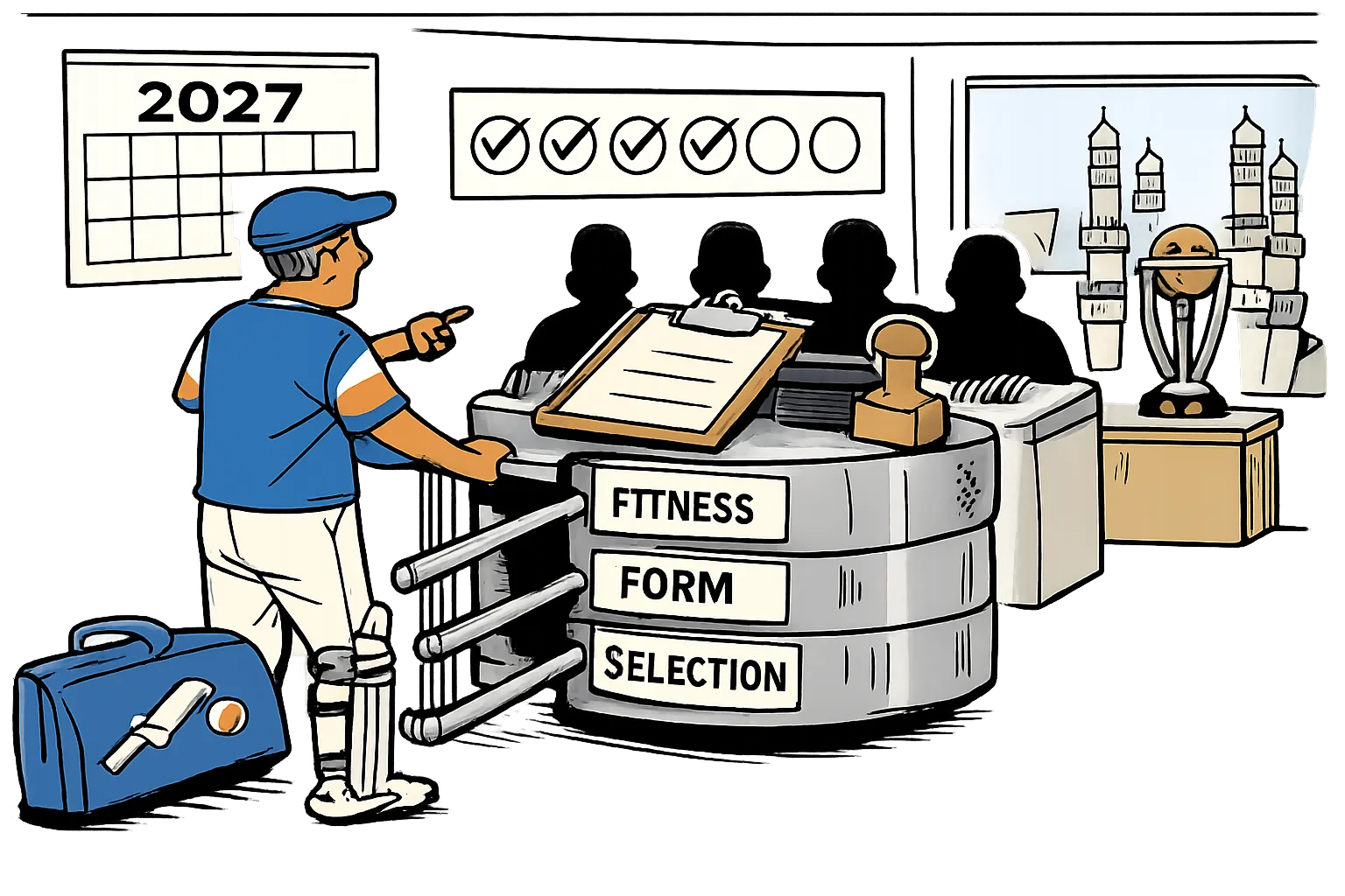 A generic cricketer faces a locked turnstile labelled fitness, form and selection, with a 2027 calendar and a World Cup trophy beyond it.
