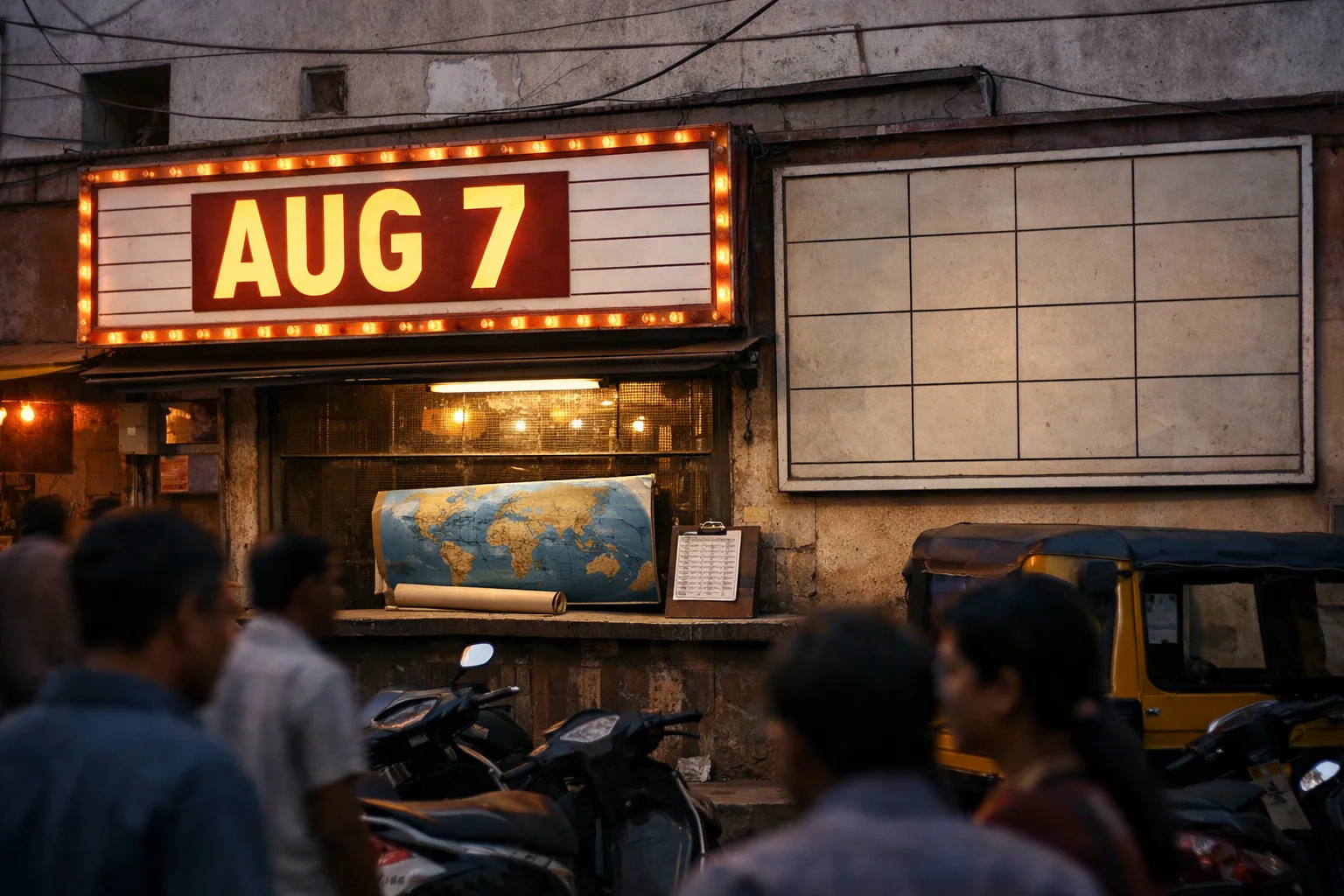 A cinema marquee in Hyderabad displays a large August 7 date while a small stack of theatre schedules and an empty screen-listing board sit beneath it.