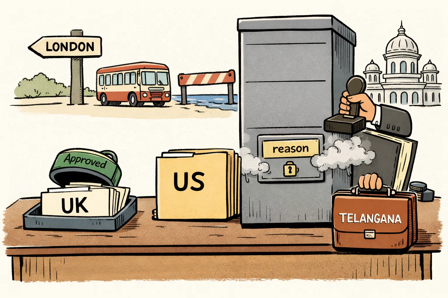 A bureaucratic desk approves a UK travel folder but blocks a US folder behind a cabinet labelled “appropriate to the office or purpose”, with fog leaking from a drawer marked “reason”.