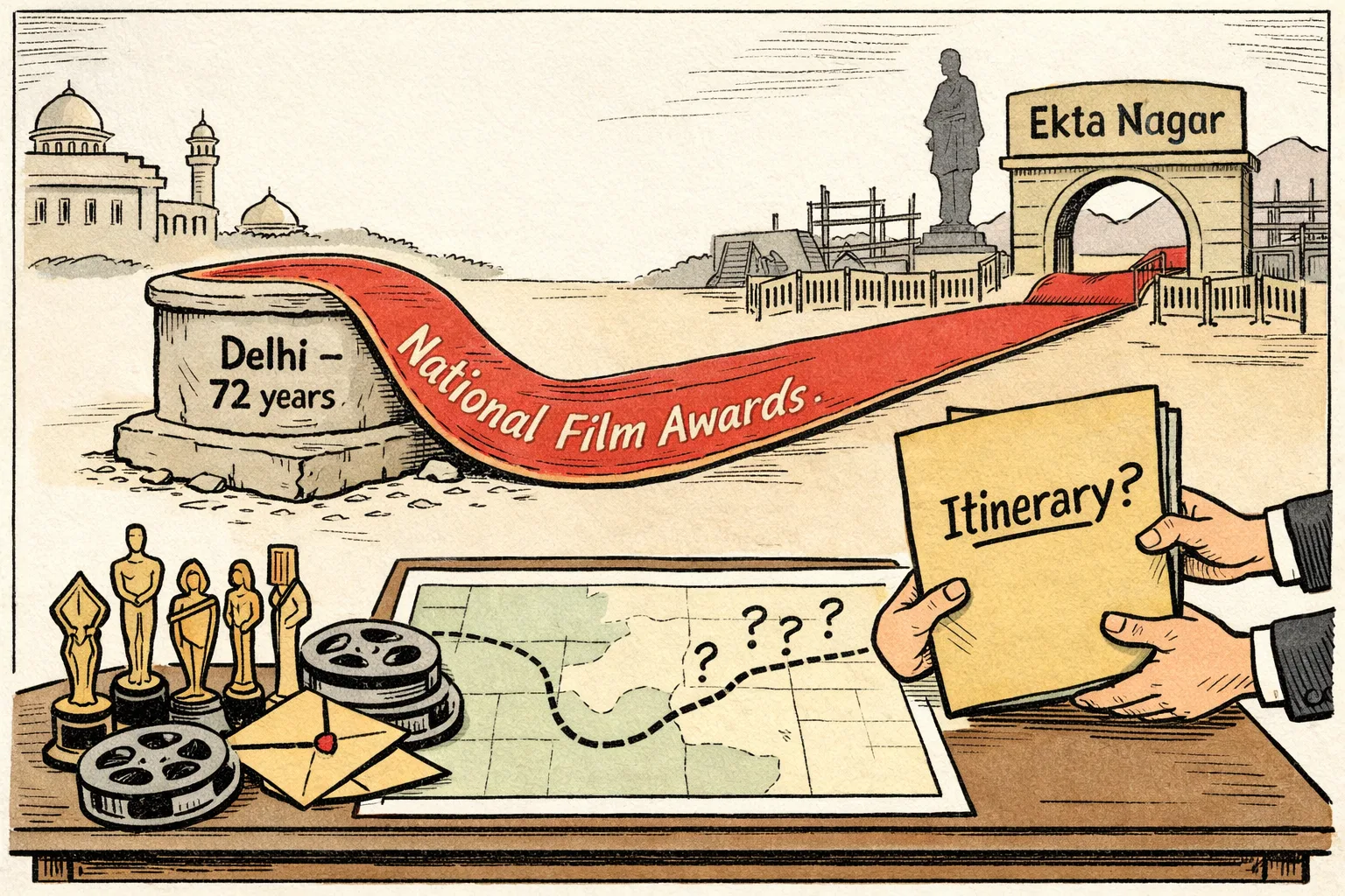 A red carpet labelled National Film Awards is pulled from a Delhi plinth toward an Ekta Nagar backdrop, while a blank route map and an itinerary folder marked with a question mark sit on a government desk.