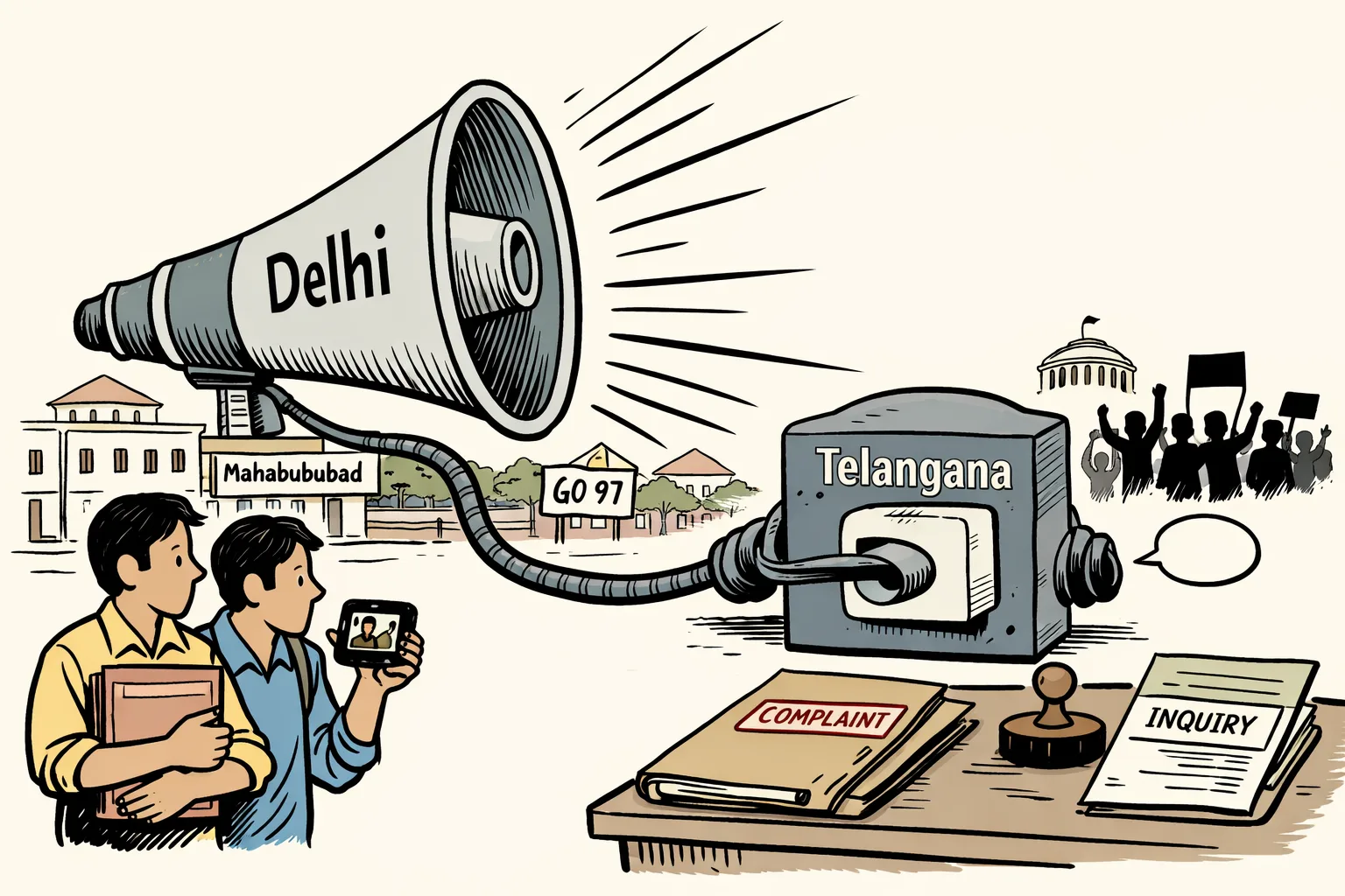 A huge megaphone loudly addresses a Delhi-style student protest while its cable is clamped shut beside two students, a Mahabubabad sign, and a police inquiry file.