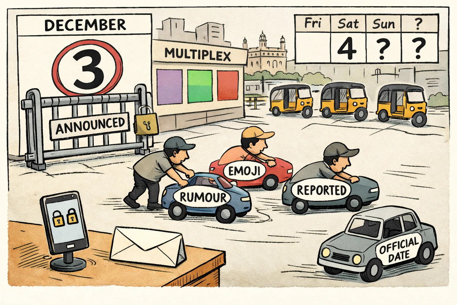 A cartoon calendar outside a Hyderabad multiplex shows December 3 as announced while toy cars labelled rumour, emoji and reported circle a locked cinema barrier; an unopened official statement sits nearby.