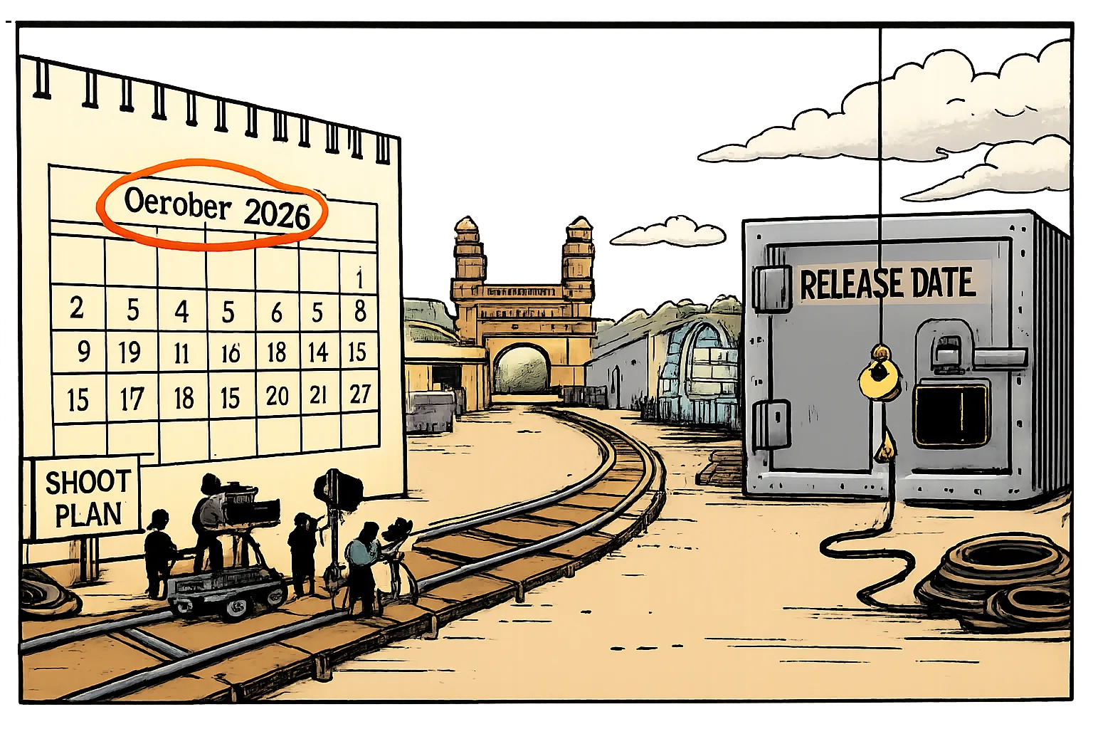 A cartoon film studio has a large calendar marked from October 2026 to mid-2027, while a locked vault labelled release date stands beyond the shooting equipment.