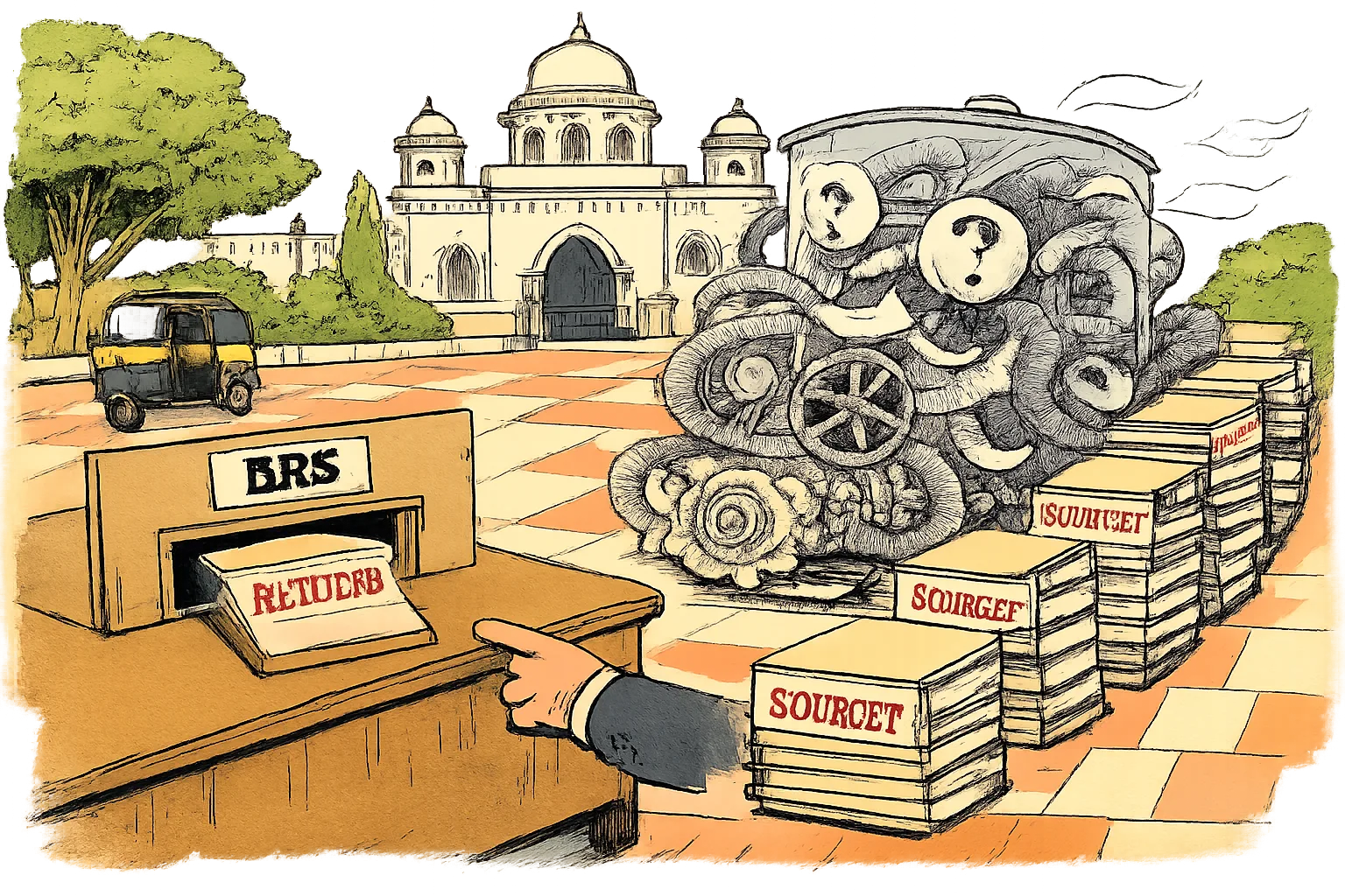 A Telangana government-office desk shows one completed folder entering a BRS hatch while a rumour machine produces piles of blank files marked with question marks.