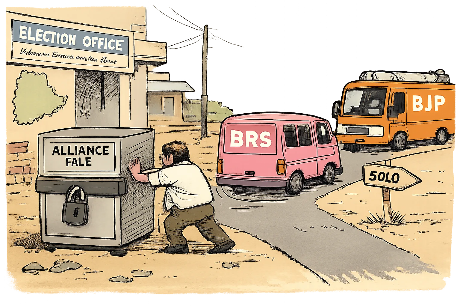 A locked cabinet labelled “ALLIANCE FILE” stands beside a BRS-marked campaign van turning onto a road marked “SOLO”, while a BJP-marked vehicle waits at an empty junction.