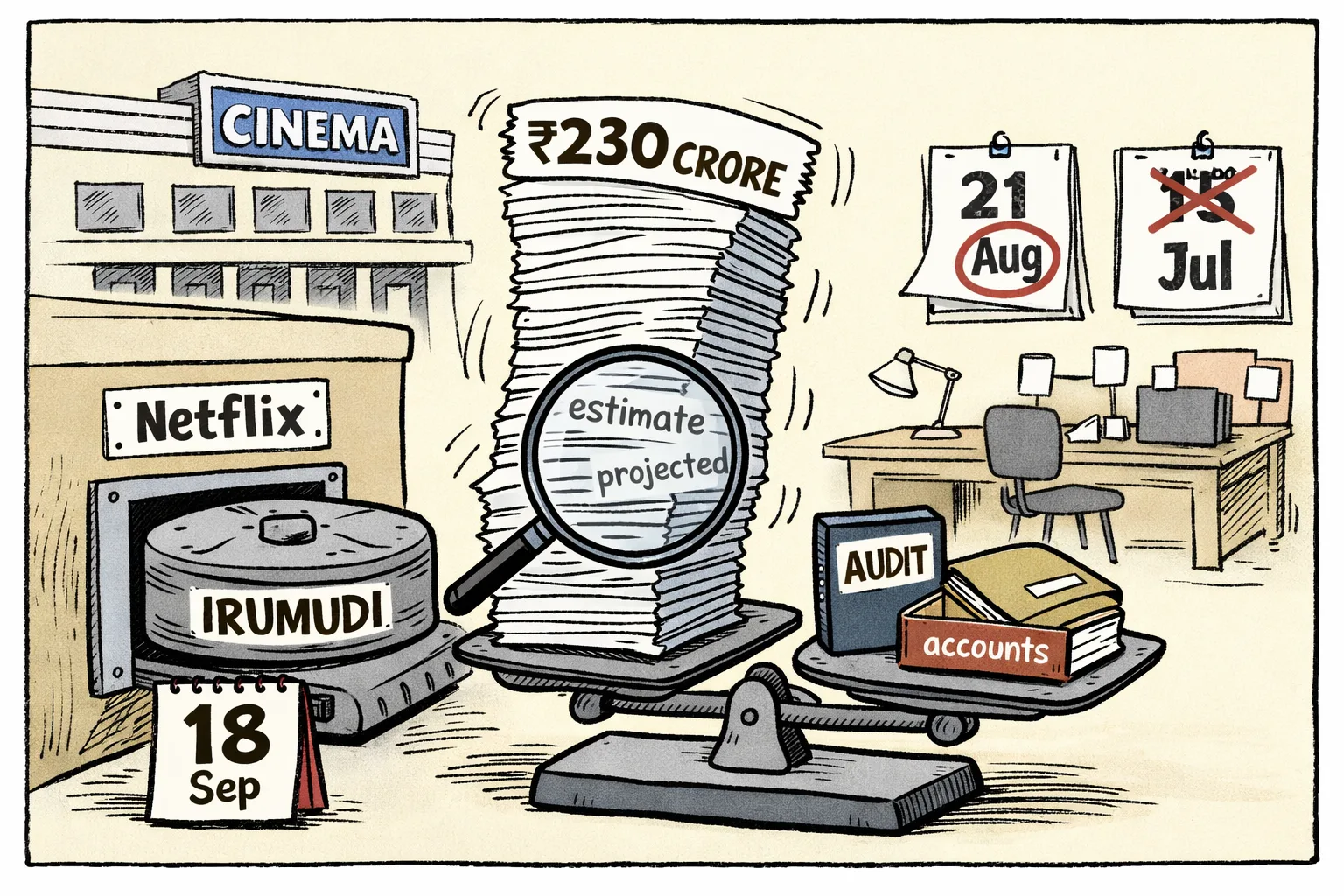 A film-reel box marked Irumudi passes through a Netflix hatch while a tall stack of rupee collection slips wobbles against a tiny audit ledger on a weighing scale; a Hyderabad multiplex and conflicting calendar pages appear behind them.