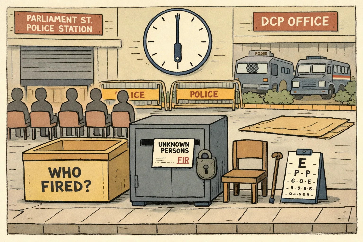 Outside a Delhi police office, a stamped FIR protrudes from a locked cabinet while a large evidence box asks who fired and an oversized clock hangs above an empty sit-in area.