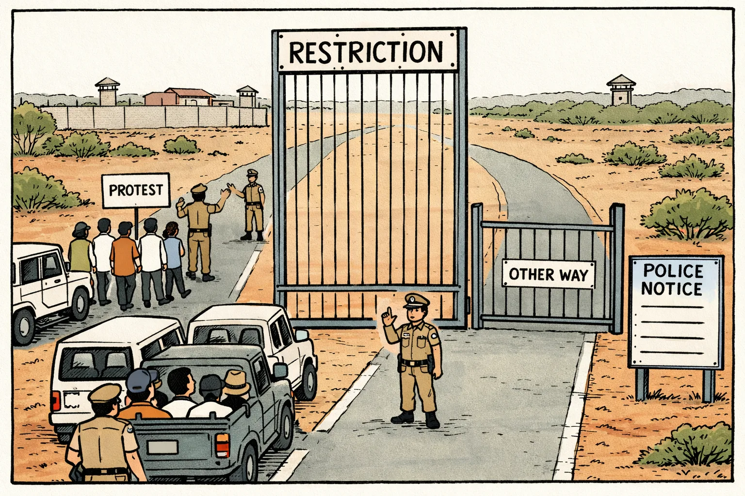 At a Telangana road checkpoint near a farmhouse, police wave one protest procession through an open gate while stopping political vehicles behind a much larger barricade in the adjacent lane.