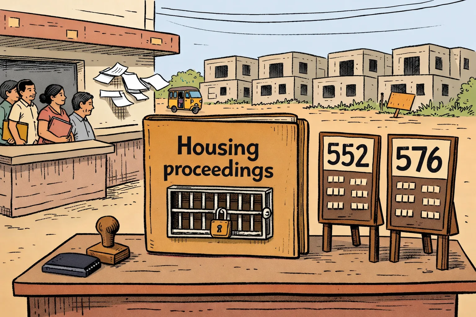 A giant official housing file sits on a Nalgonda district office desk beside two mismatched number boards, while a queue waits outside a shuttered counter and an unfinished row of double-bedroom houses stands in the background.