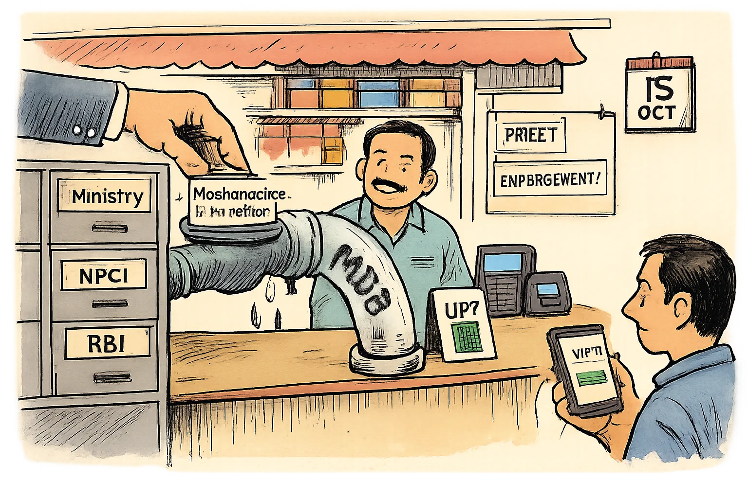 A Hyderabad neighbourhood shop has a UPI QR stand while a leaking pipe marked MDR runs from government-labelled filing cabinets toward the customer side of the counter, partly blocked by a small no-charge plug.