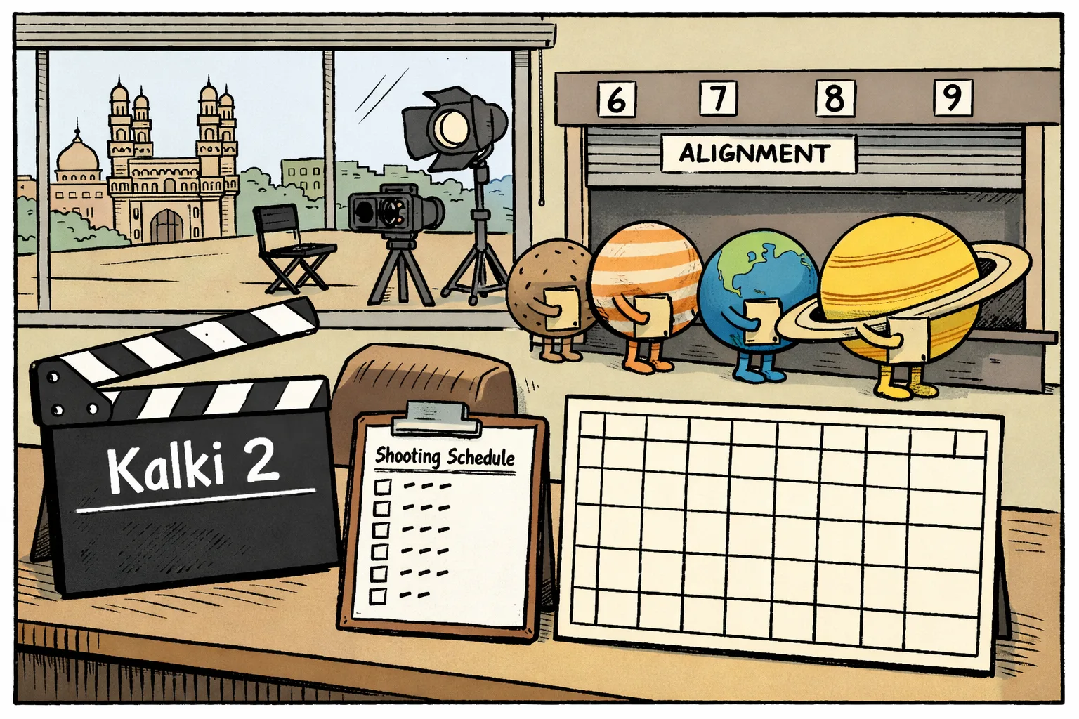 An empty Hyderabad film set sits below a production office where cartoon planets queue at a shuttered alignment counter; a clapperboard and nearly blank shooting schedule rest on a desk.