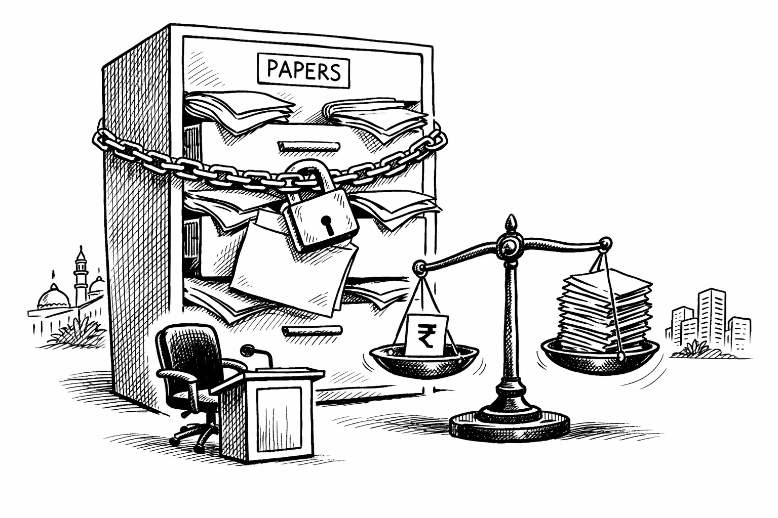 A huge locked government records cupboard filled with blank folders stands behind a small podium and an empty chair; a weighing scale compares a rupee-marked paper with a stack of missing documents.
