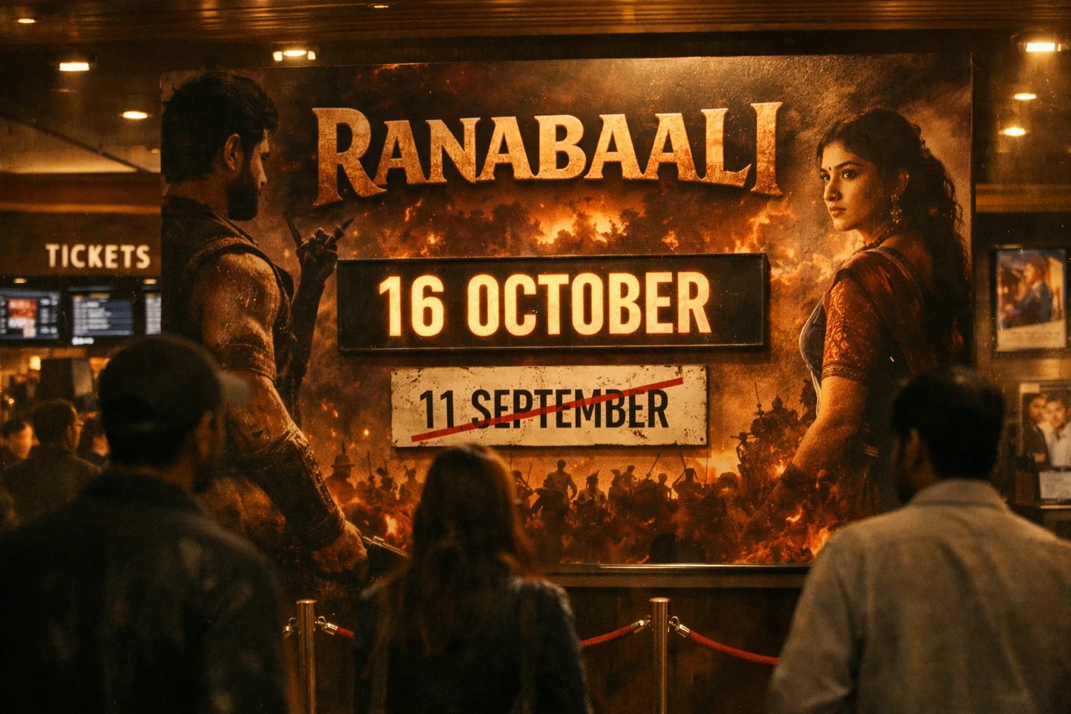 A Hyderabad cinema lobby displays a Ranabaali release panel announcing 16 October beside an older 11 September date marked as replaced.