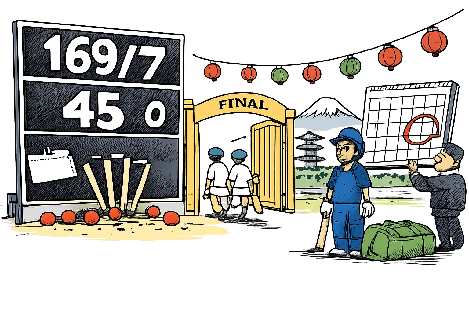 A cartoon cricket scoreboard shows India 169 for seven and Sri Lanka 45 all out beside toppled stumps, while a final gate stands open with a gold medal and a calendar.