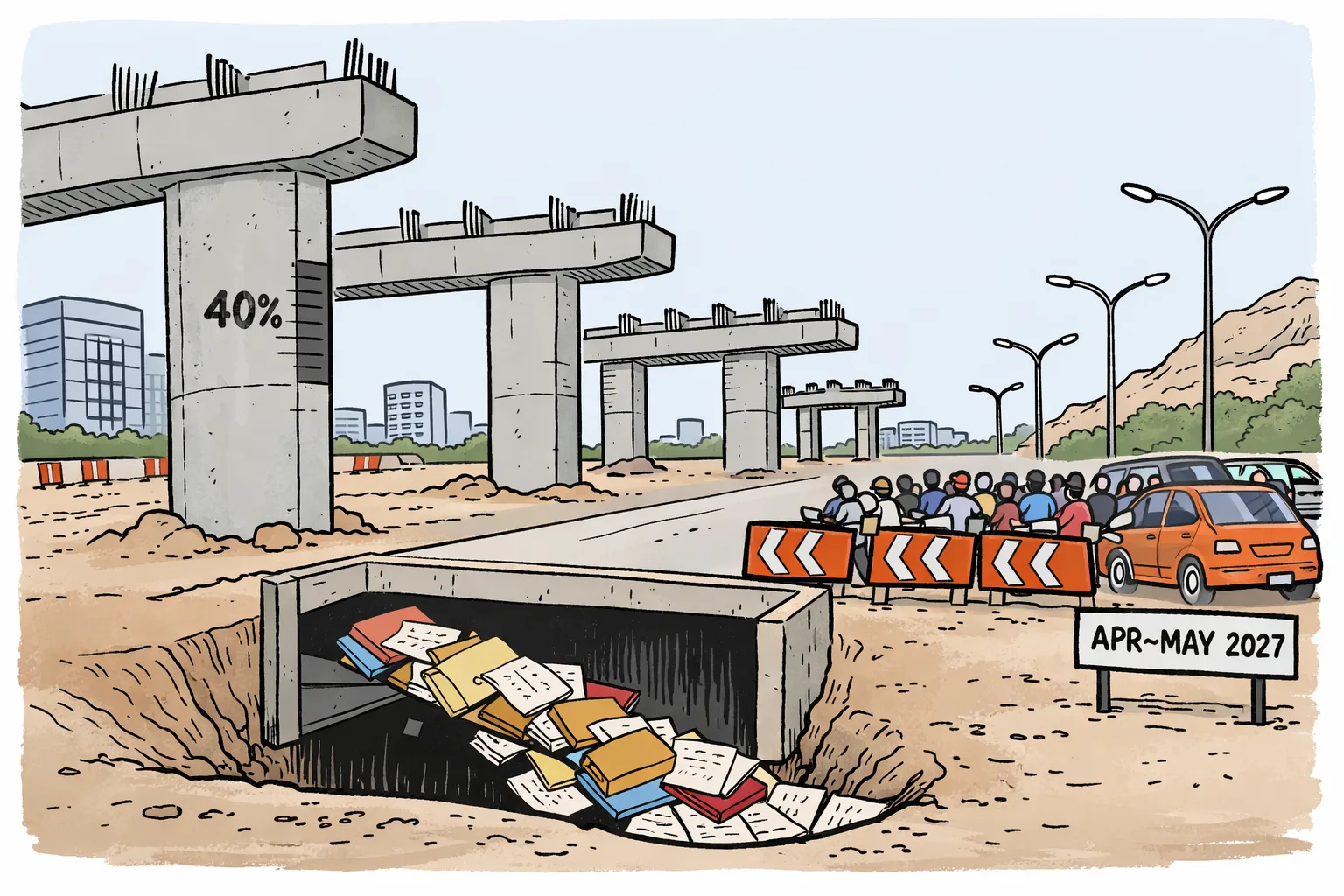 An unfinished flyover with concrete pillars rises over a diverted Gachibowli road while oversized official files disappear through a manhole into an underpass.