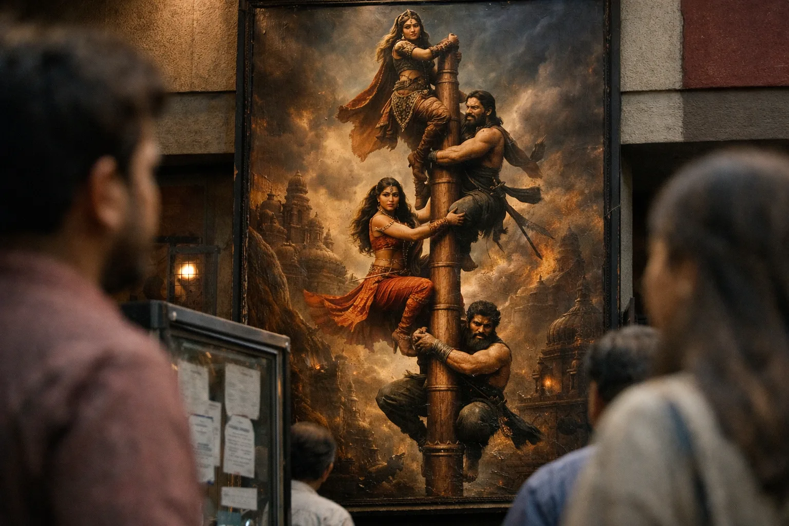 A dramatic film poster outside a cinema shows performers arranged vertically around a tall wooden pole, with blurred filmgoers in the foreground.