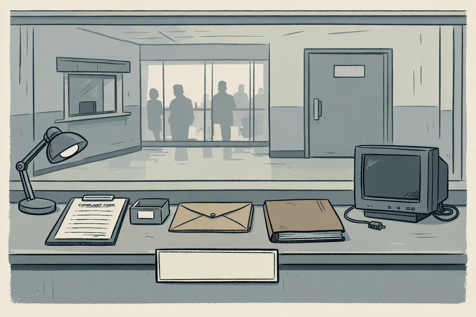 A hospital records counter holds a blank complaint form, an empty FIR-number box, an evidence envelope, a file and an inactive CCTV monitor beside a closed ward door.
