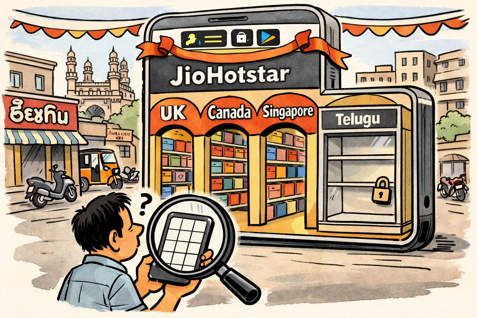 A Hyderabad street-side streaming shop opens brightly marked overseas entrances, while a locked cabinet labelled Telugu sits nearly empty and a viewer searches a blank phone catalogue.