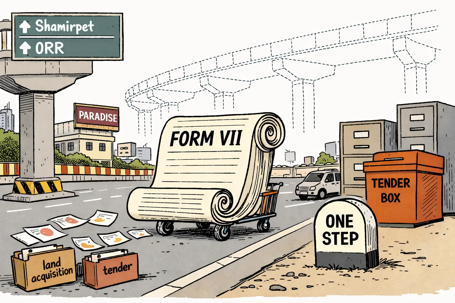 A giant FORM VII land-acquisition document rolls along a Hyderabad road toward a one-step milestone, while a proposed elevated corridor remains only a dotted blueprint and no construction has begun.