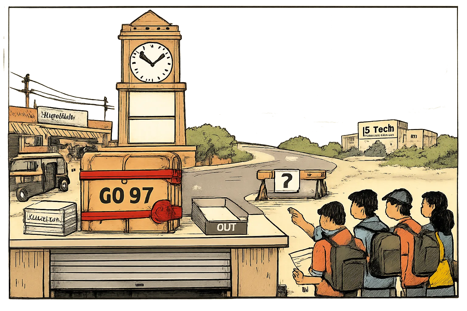 A Nalgonda Clock Tower is drawn as a transparent noticeboard beside a locked government file marked GO 97, while polytechnic students point toward a road sign for ECET blocked by a question-mark barrier.