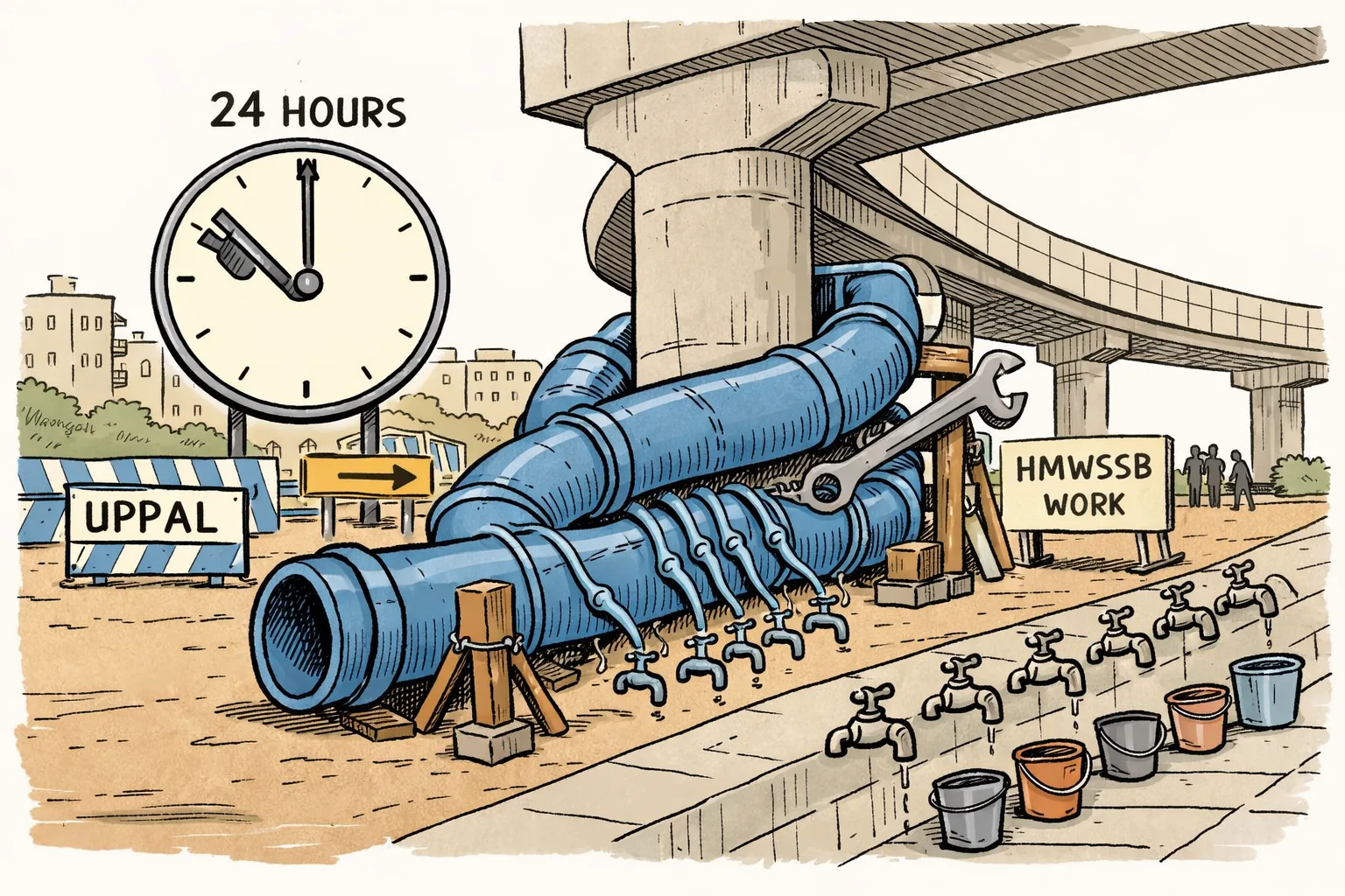 A giant blue water main at Uppal Junction is being shifted around flyover construction, while many household taps in a Hyderabad streetscape stand dry and a large clock points from 10 a.m. to 10 a.m.