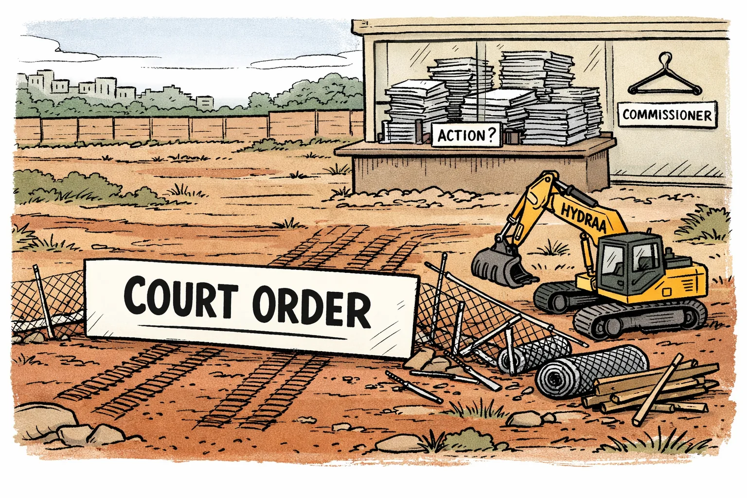 An earthmover and fencing equipment sit beyond a large court-order document used as a barricade on an open plot, while government files remain untouched behind an office counter.